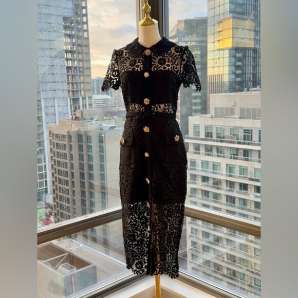 🆕 SELF-PORTRAIT 🧿 NWOT Lace Hollowed Out Short Sleeve Midi Dress Sz UK 10 US 6 - Picture 4 of 16